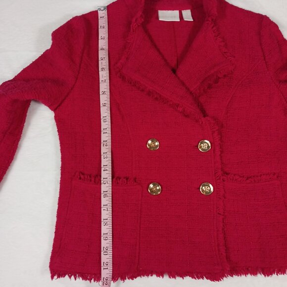 Chico's Red Jacket, Size 1, Double Breasted, 100% Cotton with Cotton Fringe - Picture 13 of 16
